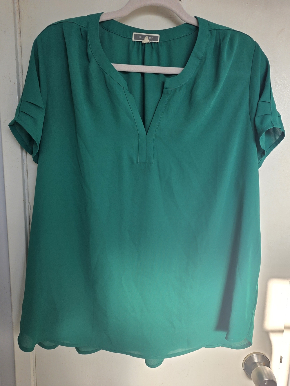 Pleione Teal Split-Neck Short Sleeve Blouse